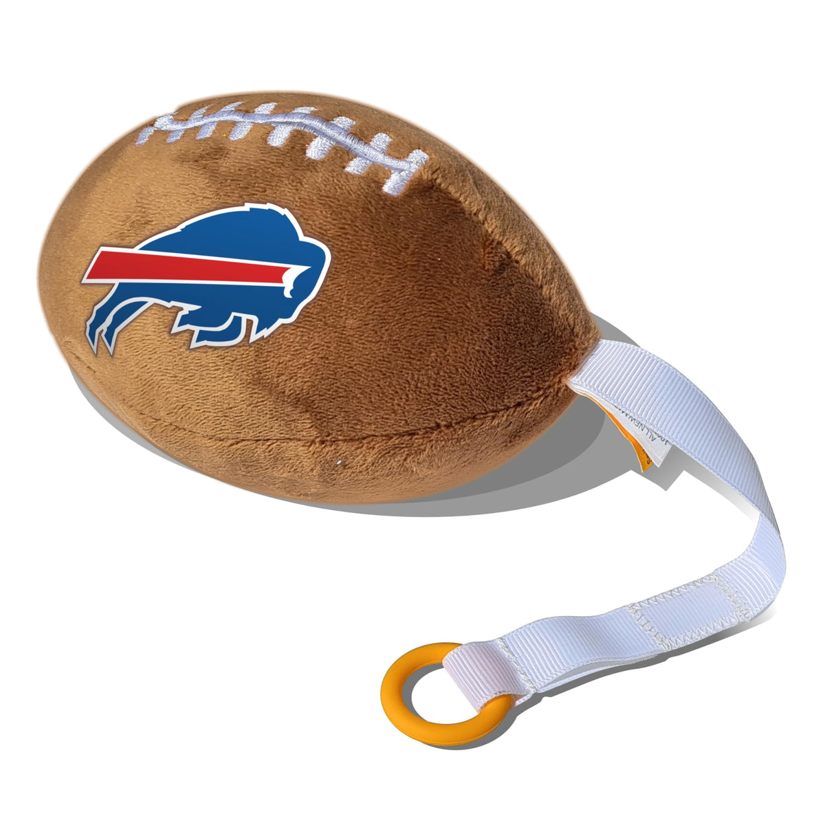 Smilo Buffalo Bills plush football pacifier holder close-up with durable stitching for lasting hugs.