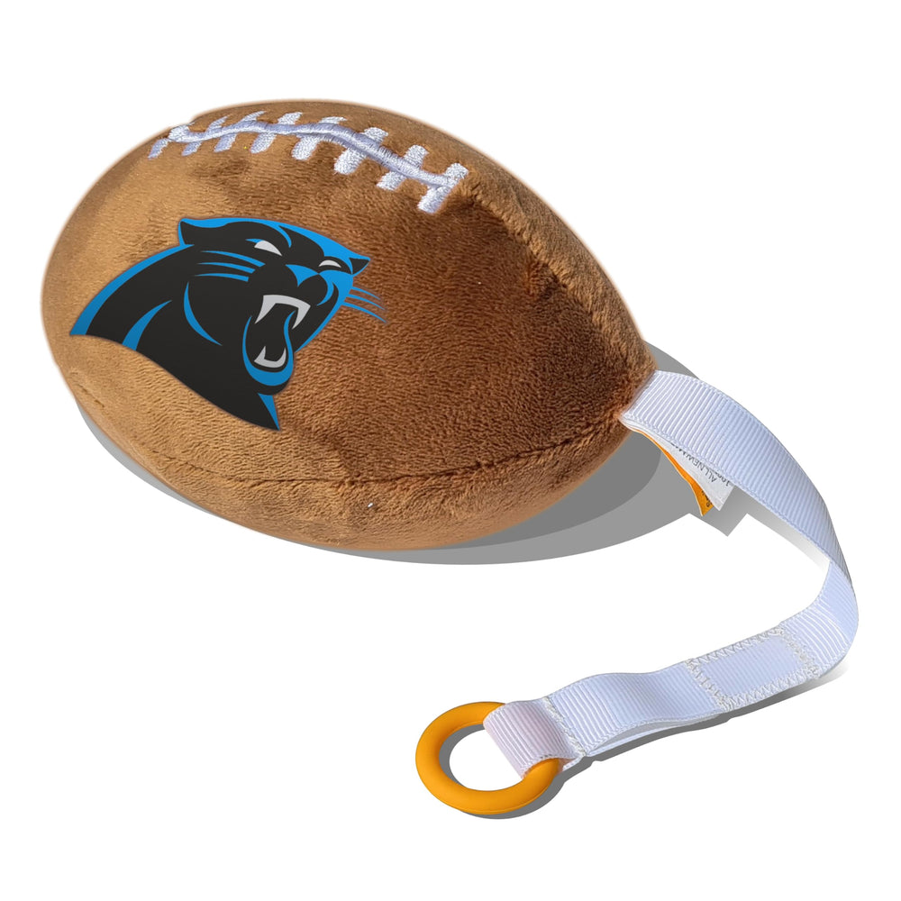 Smilo Carolina Panthers plush football pacifier holder close-up logo for team pride