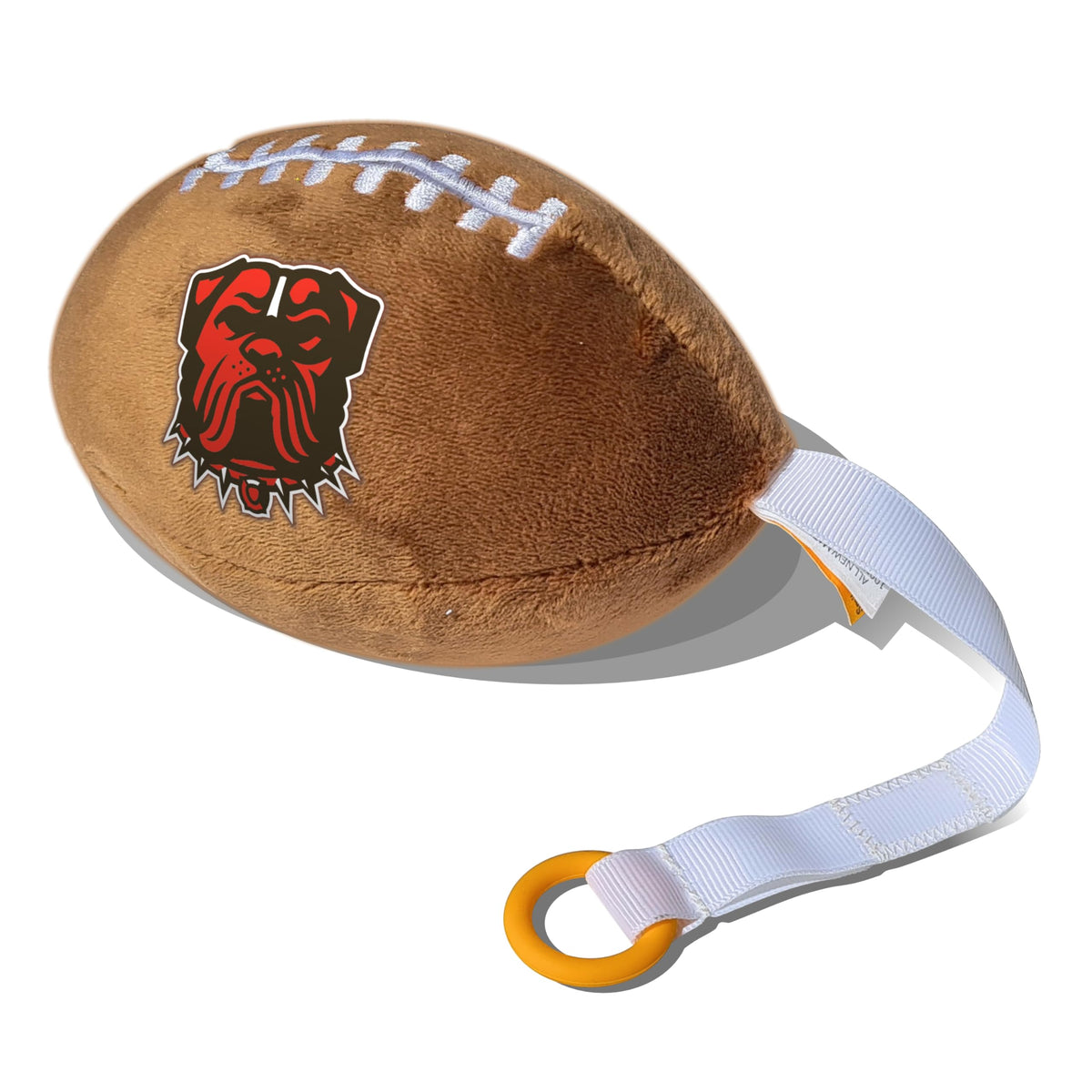 Smilo Cleveland Browns plush football pacifier holder closeup logo showcases licensed NFL quality.