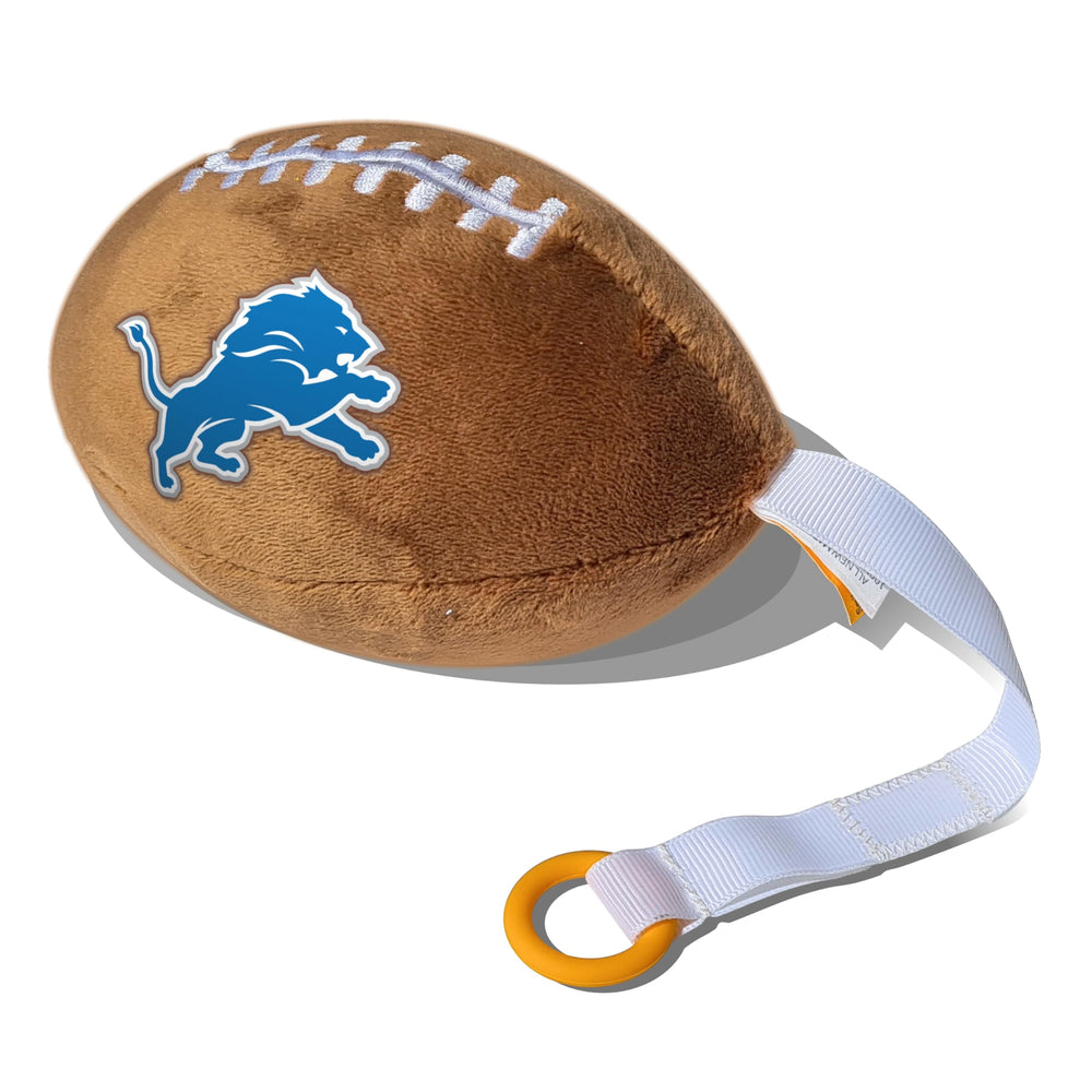 Smilo Detroit Lions plush pacifier holder, front view shows team pride and safe design.