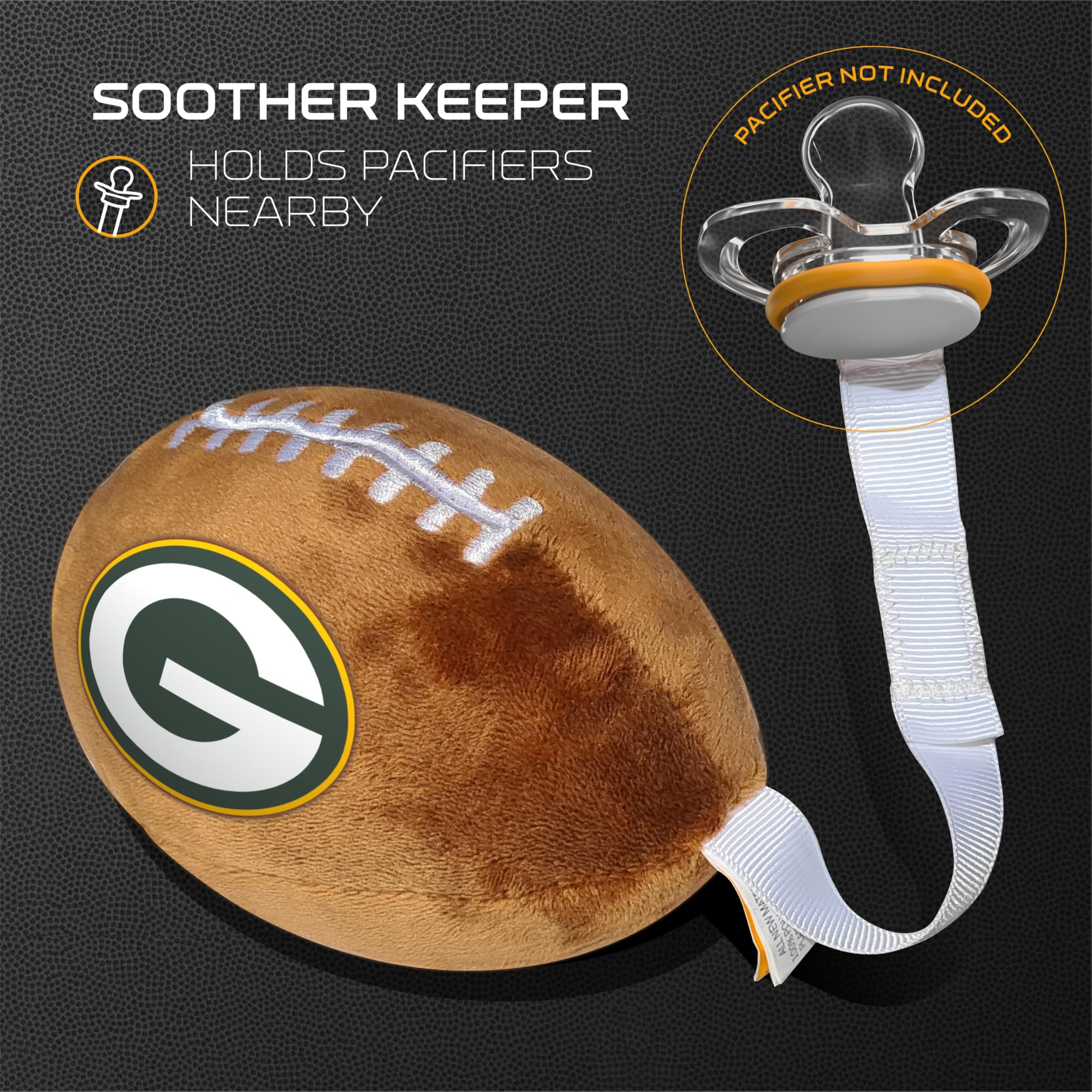 Smilo Green Bay Packers plush football pacifier holder closeup fabric, soft texture aids soothing cuddles at nap time