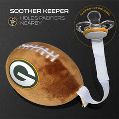 Smilo Green Bay Packers plush football pacifier holder closeup fabric, soft texture aids soothing cuddles at nap time