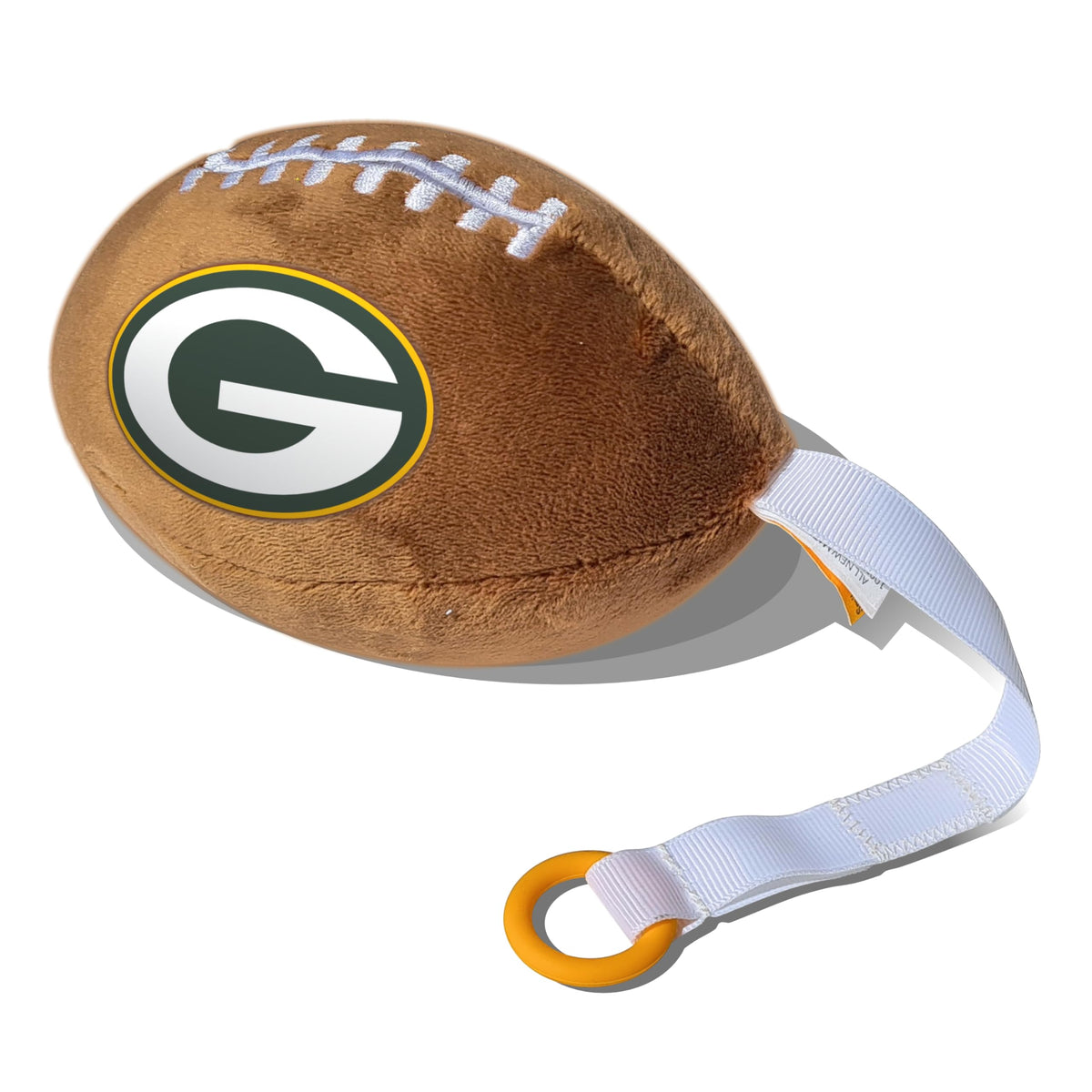 Smilo Green Bay Packers plush football pacifier holder, front view, adds comforting play and easy reach for babies