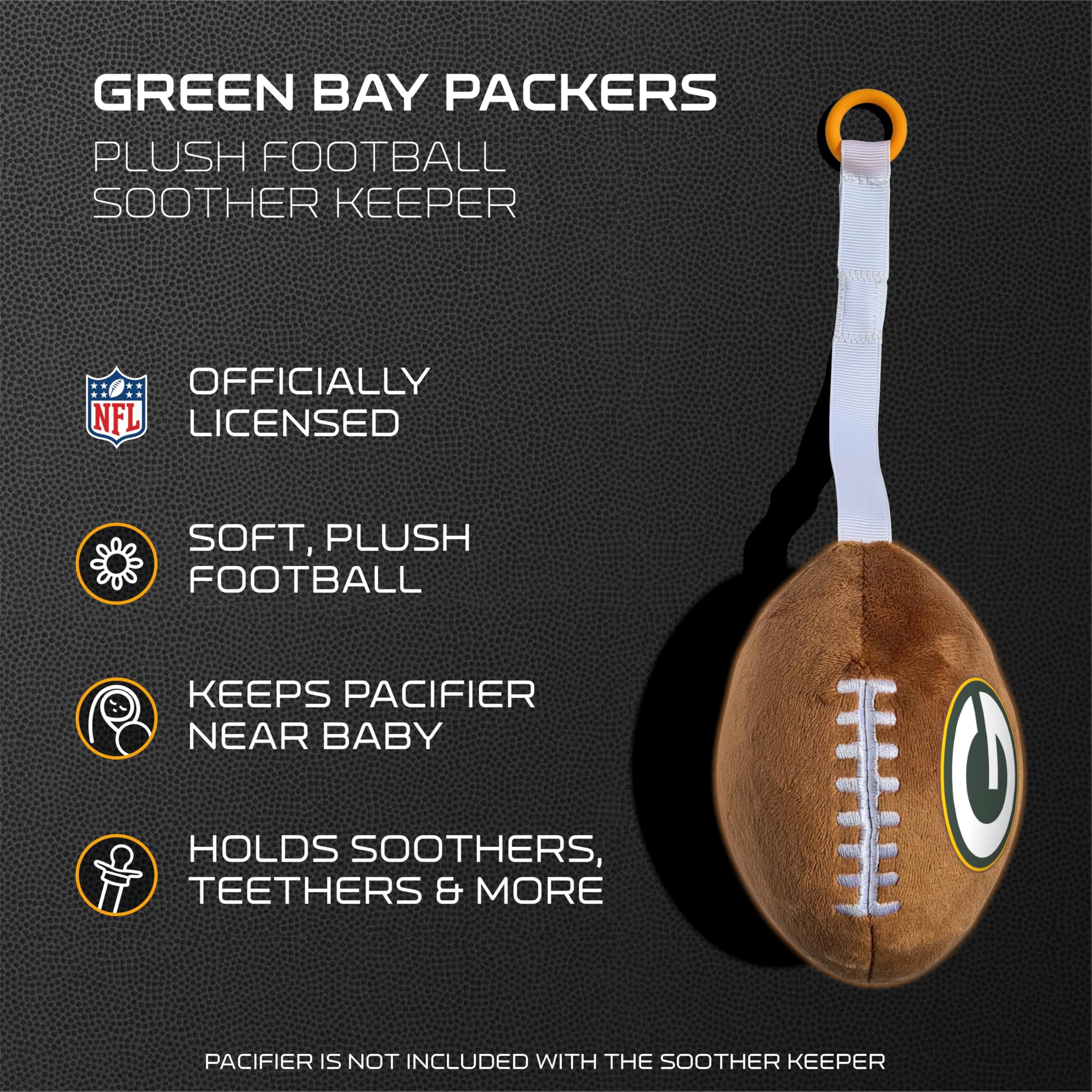 Smilo Green Bay Packers pacifier holder silicone ring closeup, safe silicone support keeps pacifier steady