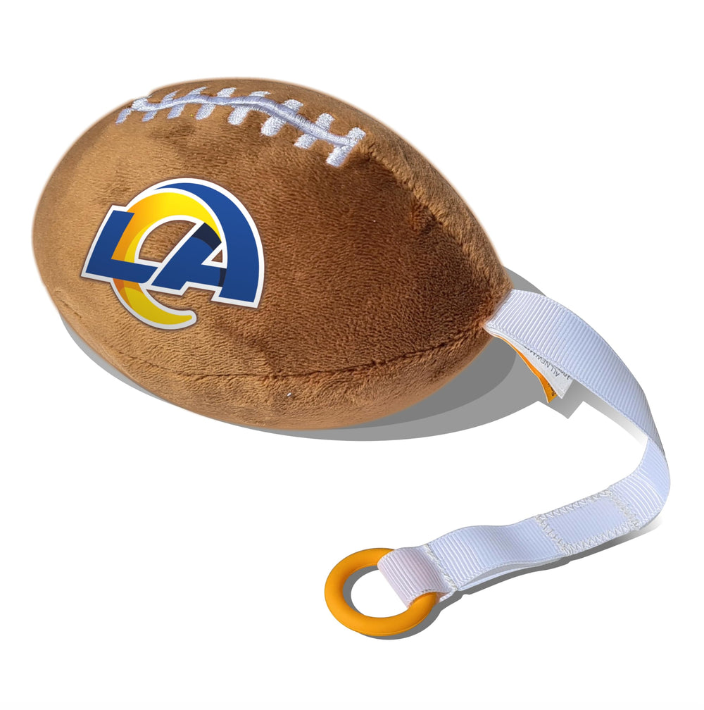 Smilo Los Angeles Rams plush football pacifier holder close-up silicone ring keeps pacifier handy.