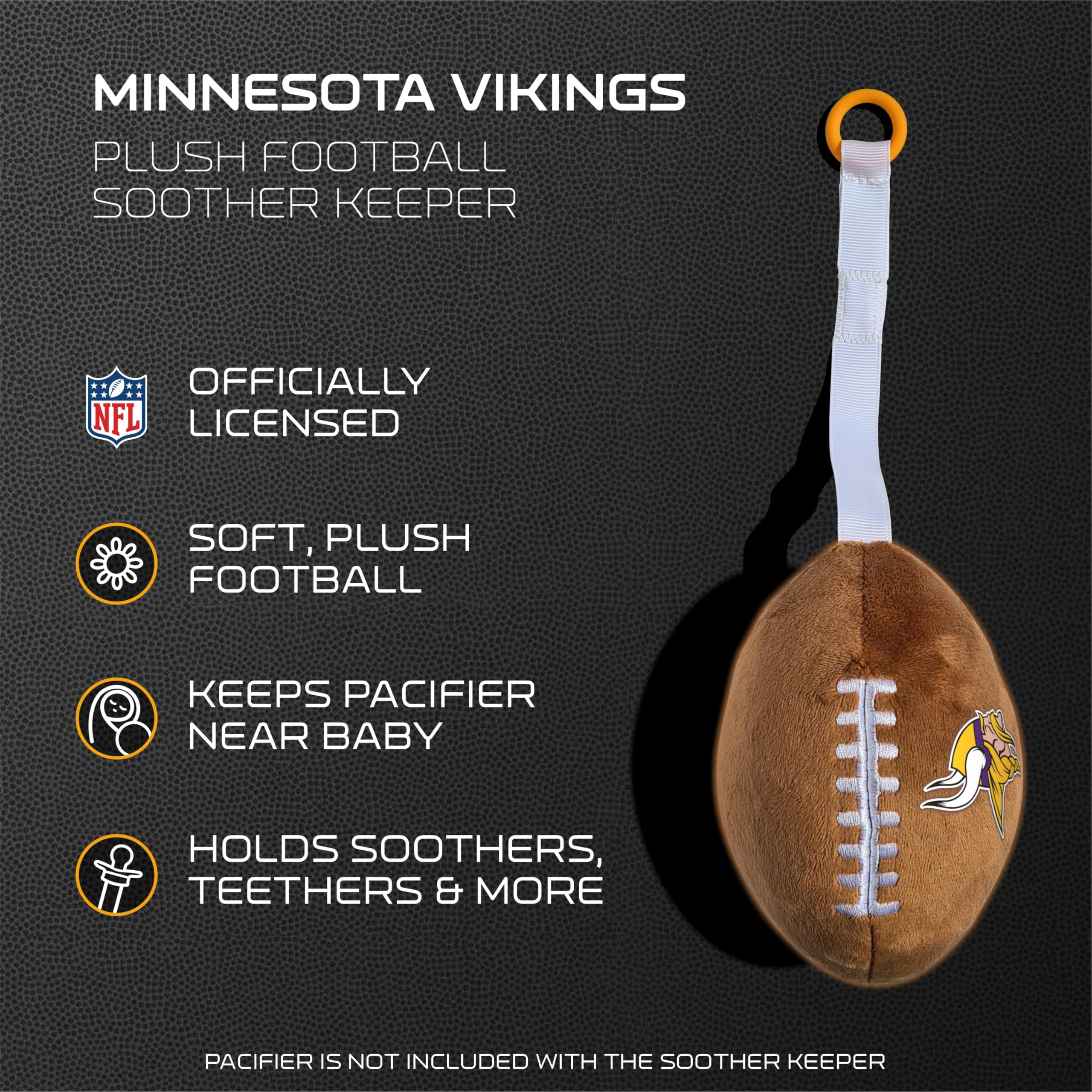 Detailed Vikings logo on Smilo plush pacifier holder fabric.