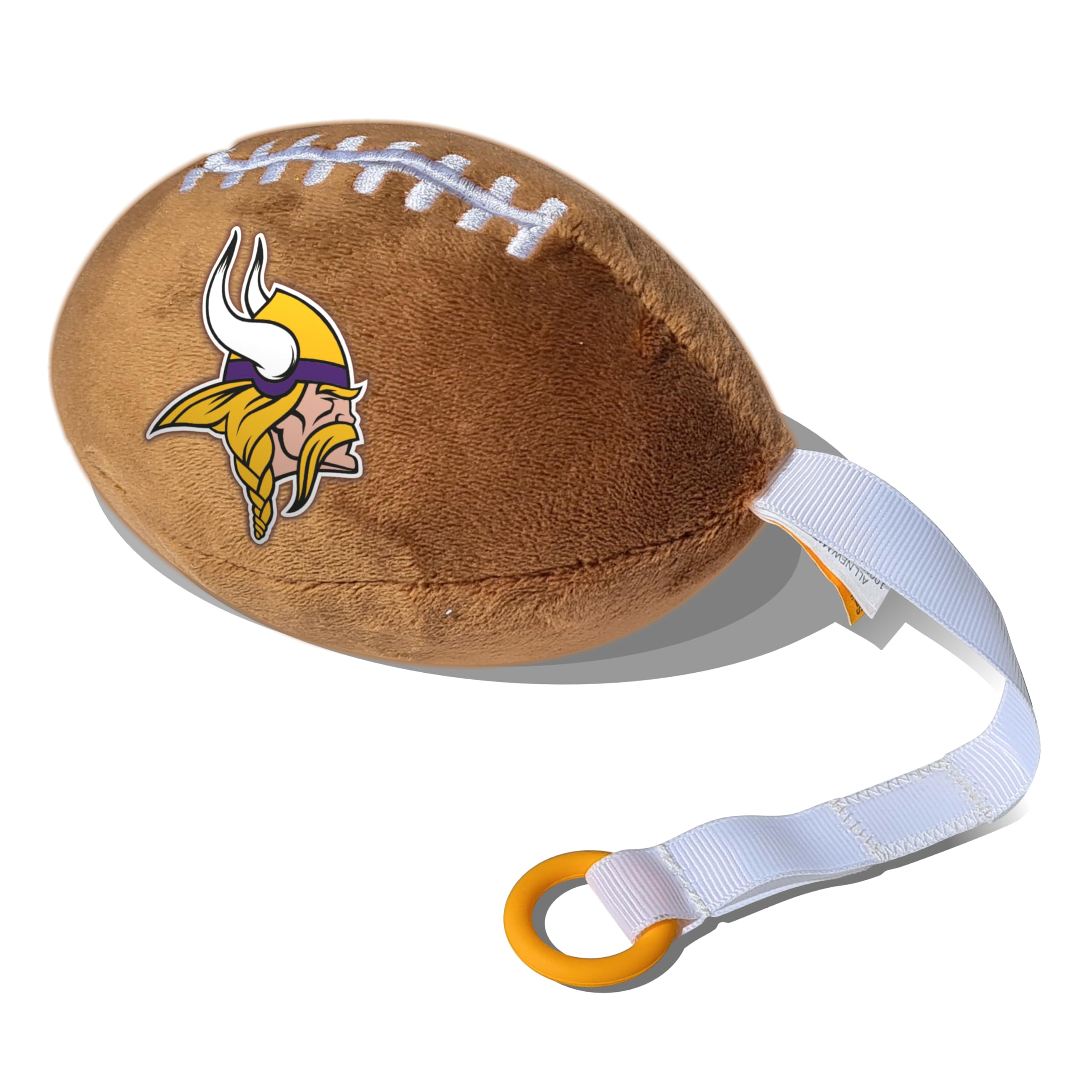 Smilo Minnesota Vikings plush football pacifier holder with soft texture and official logo.