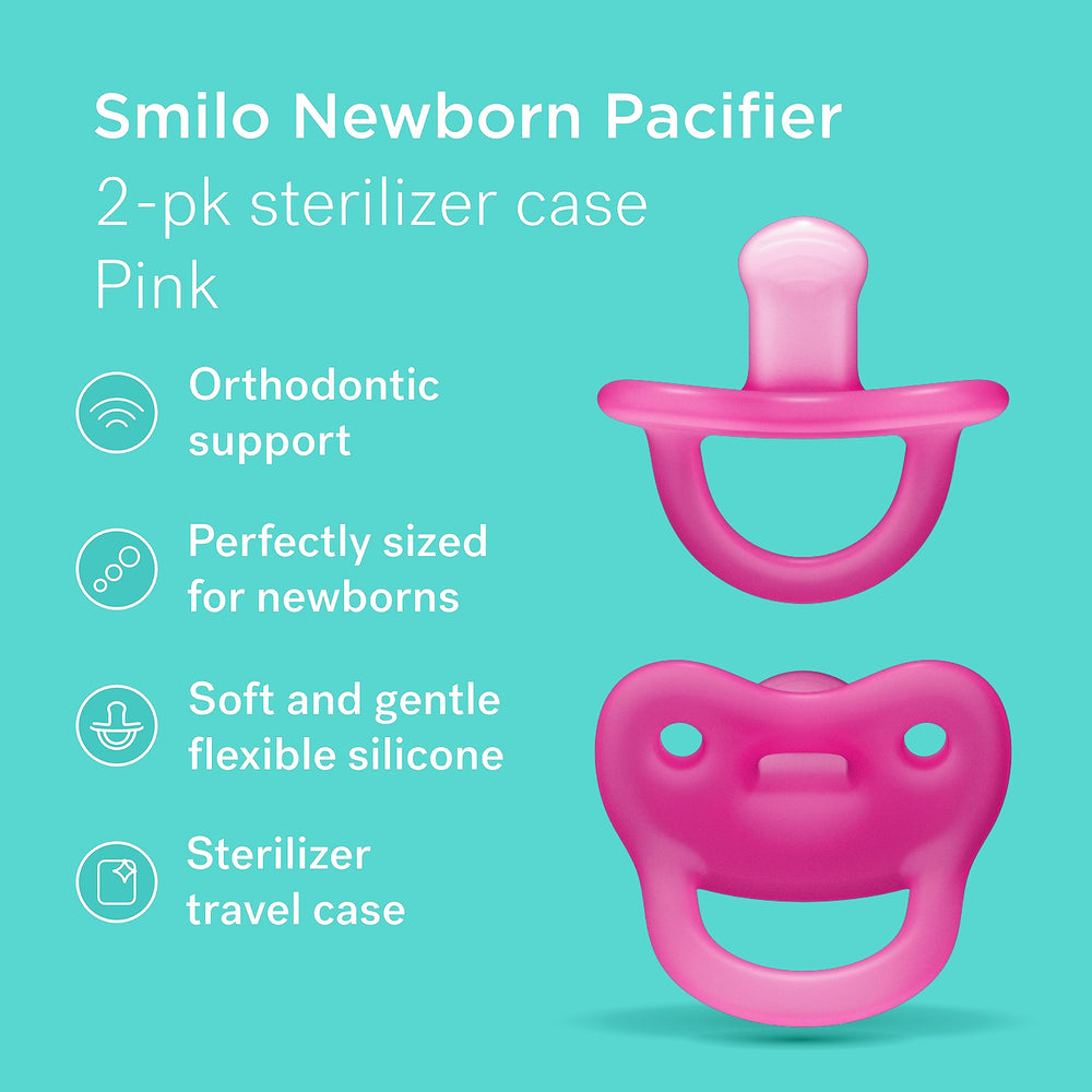 Smilo orthodontic-shaped pacifier promotes natural sucking comfort.