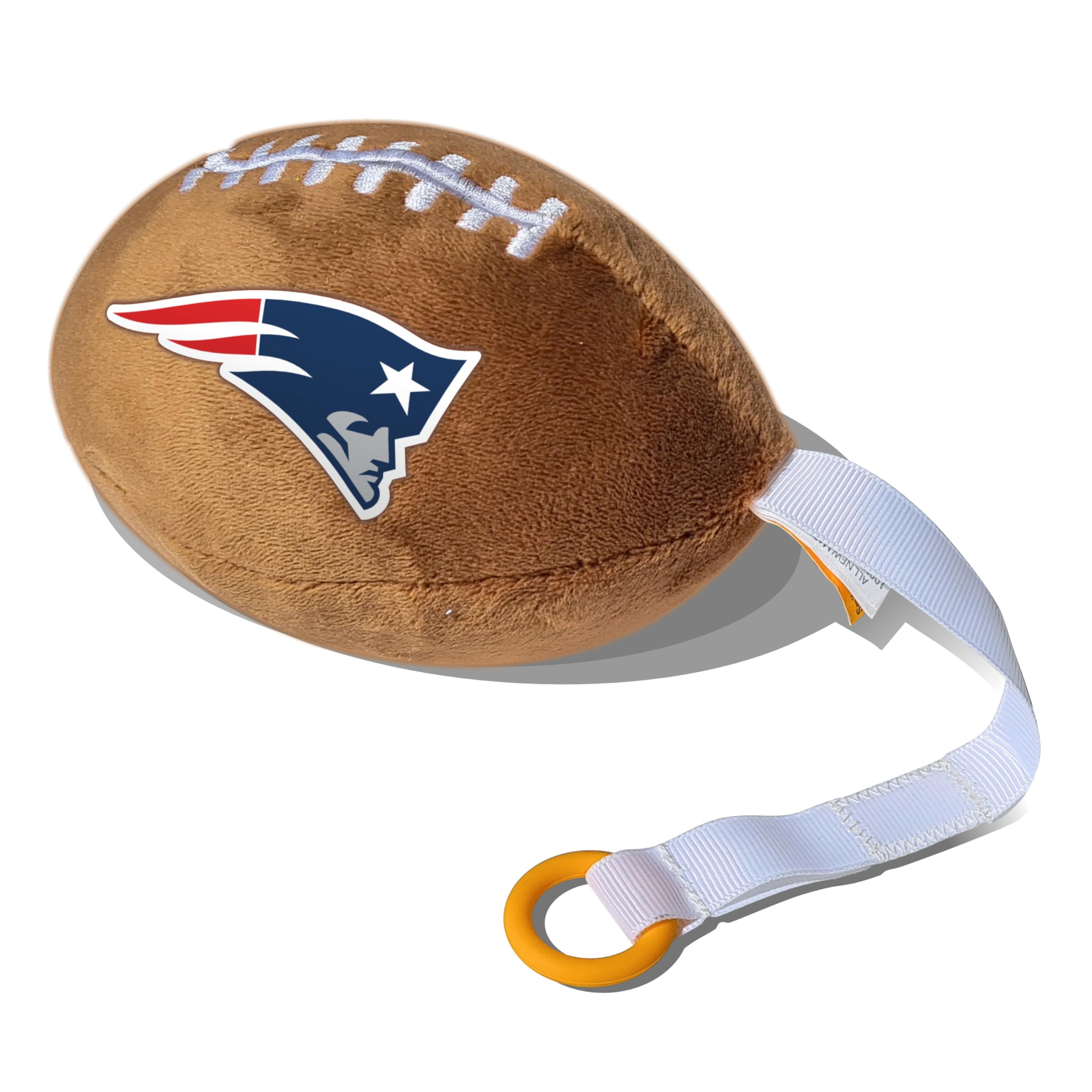 Smilo Patriots plush football pacifier holder logo closeup for durable team spirit.