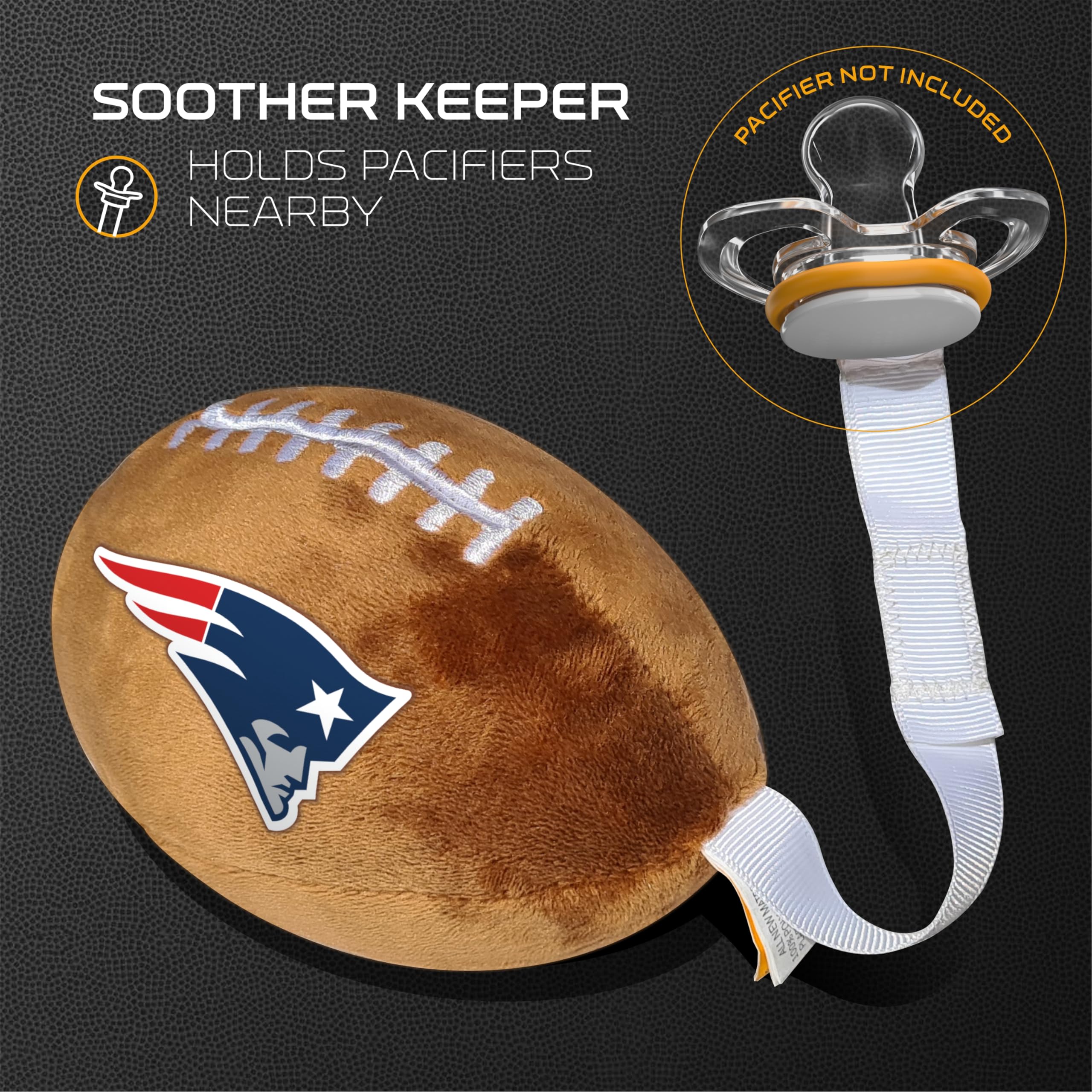 Smilo Patriots plush football pacifier holder on stroller for on-the-go comfort.