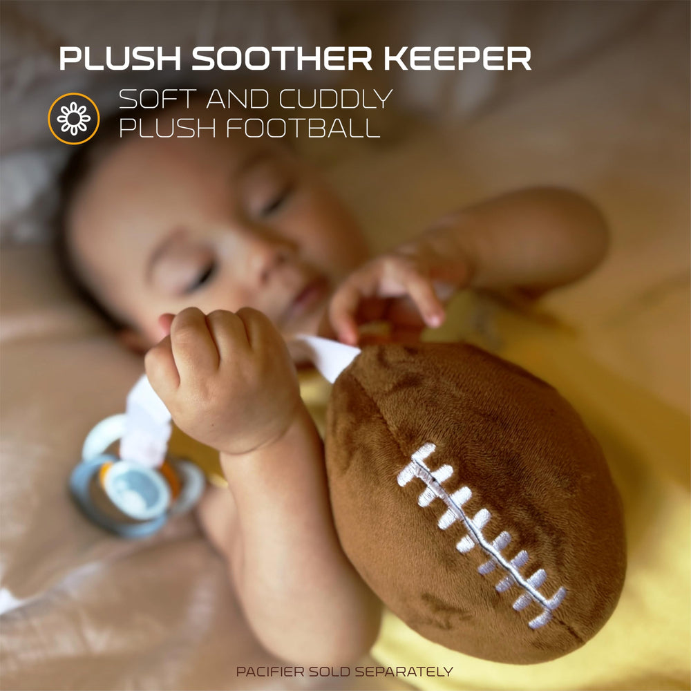 Smilo Patriots plush football pacifier holder with pacifier keeps it handy for baby.