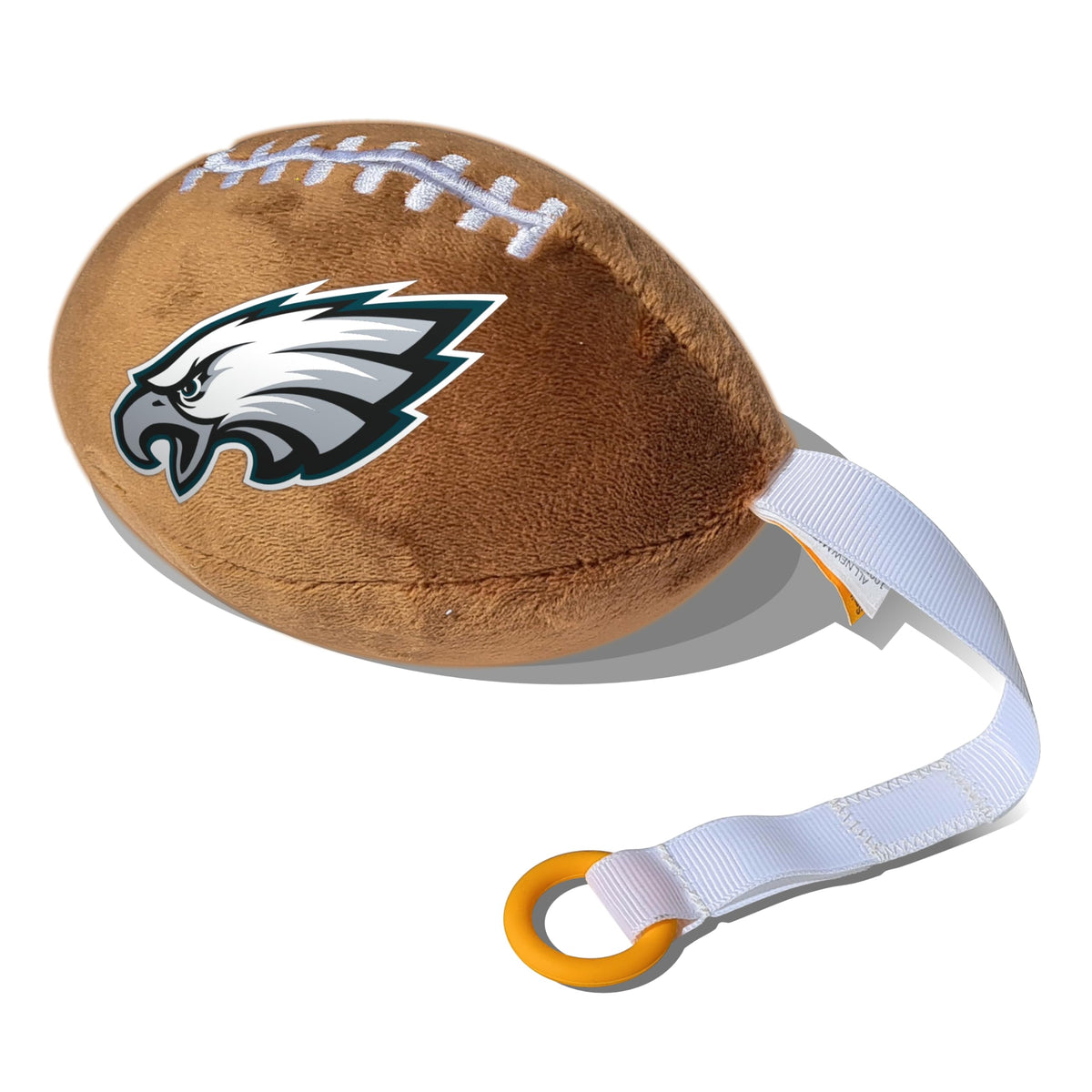 Smilo Philadelphia Eagles plush football pacifier holder closeup, soft cuddly design for baby comfort and team pride.