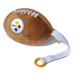 Smilo Pittsburgh Steelers plush football pacifier holder front view for secure on-the-go attachment