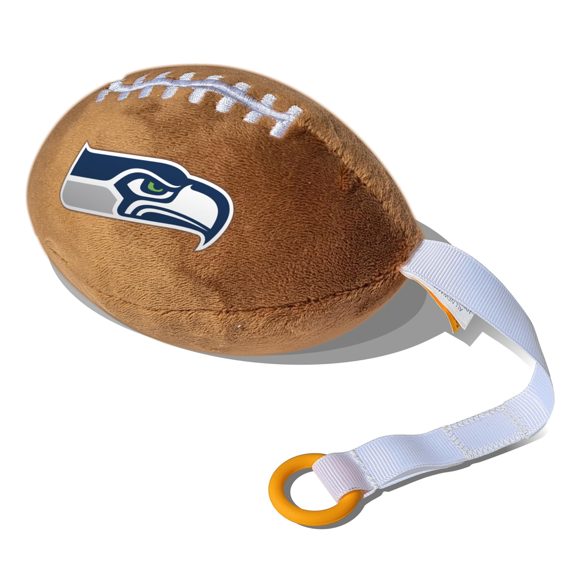 Smilo Seattle Seahawks plush football pacifier holder front view keeps pacifier handy on-the-go