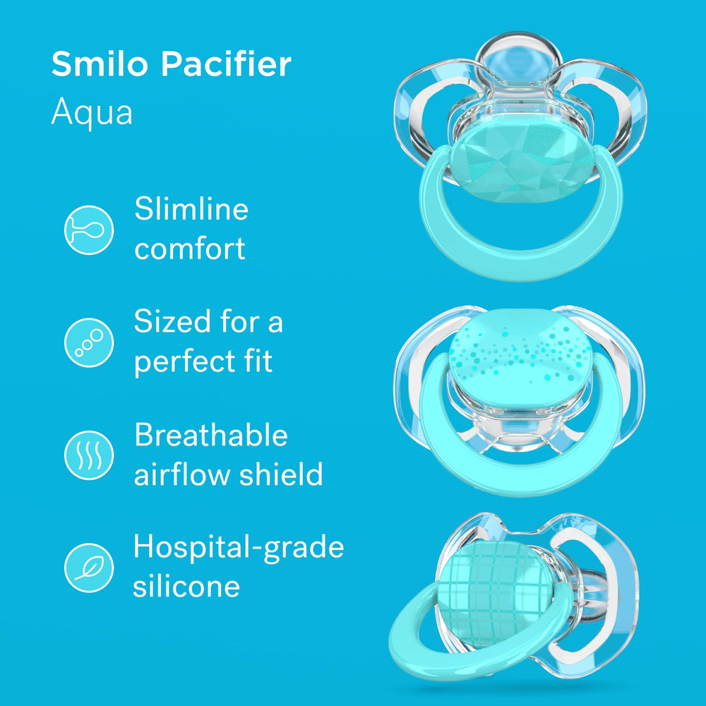Smilo shield-stage2 aqua blue pacifier showing curved shield for comfortable breathing