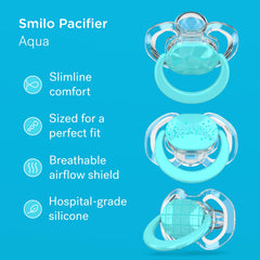 Smilo shield-stage2 aqua blue pacifier showing curved shield for comfortable breathing