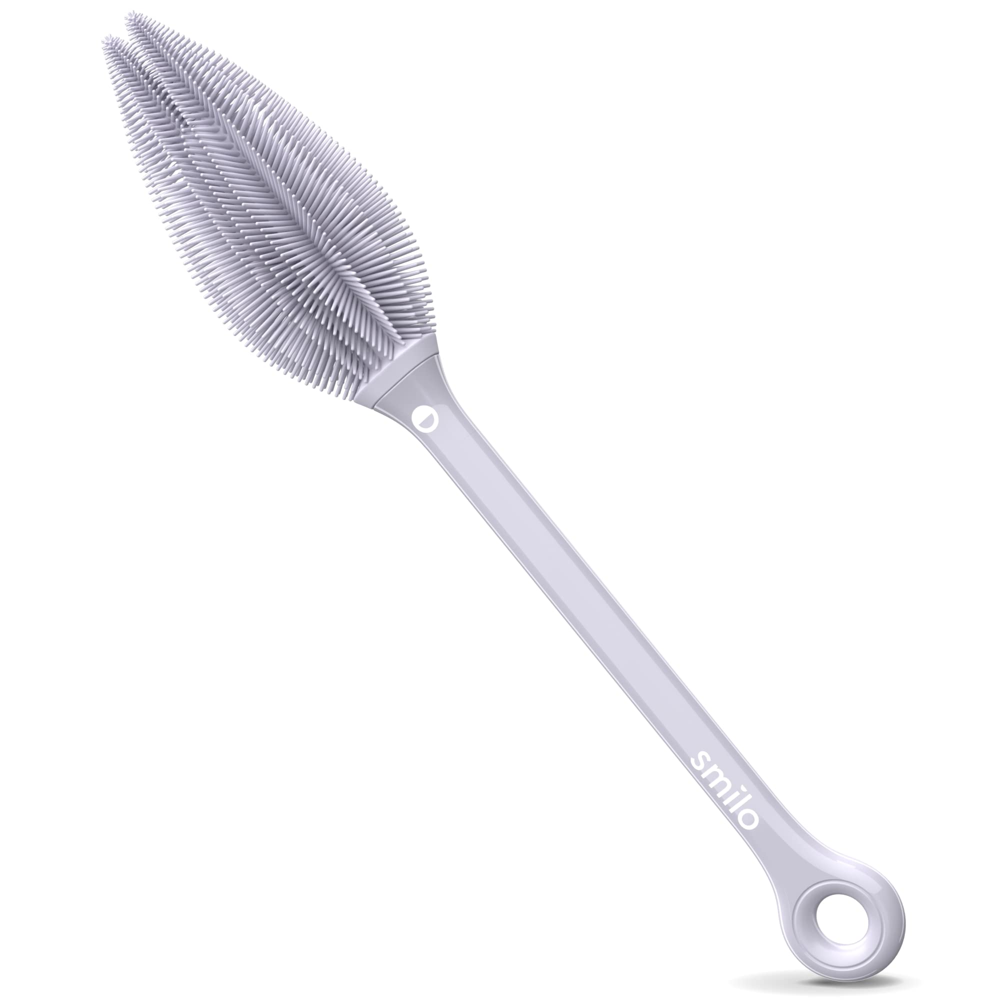 Smilo silicone baby bottle brush with twin-tip design for precise cleaning of bottle edges and hard-to-reach areas.