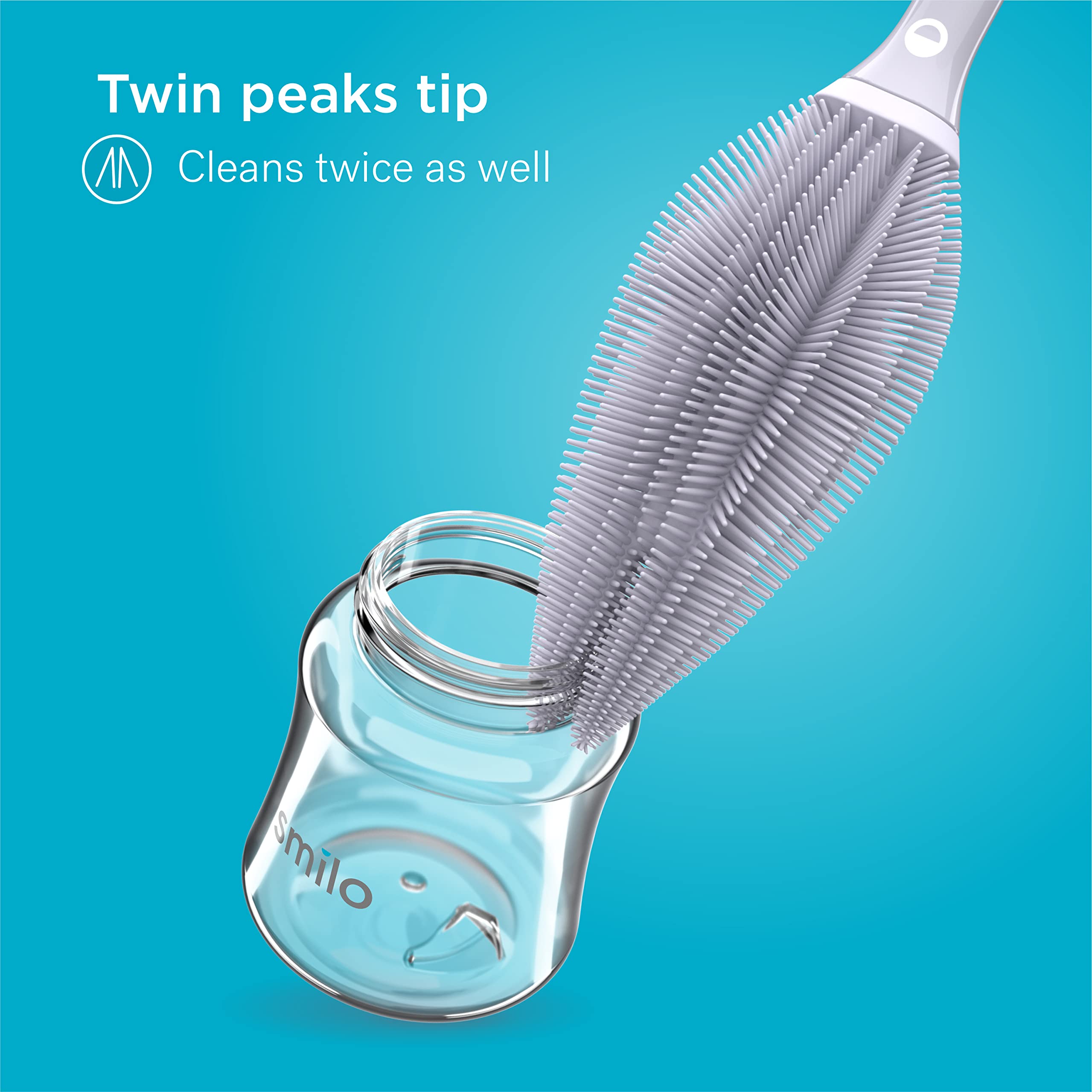Smilo soft-silicone brush head for scratch-free cleaning of bottles and cups.