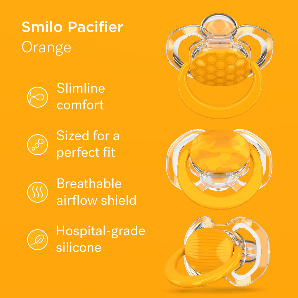 Smilo Stage 2 pacifier for 3-9 months provides a comfortable soothing fit.