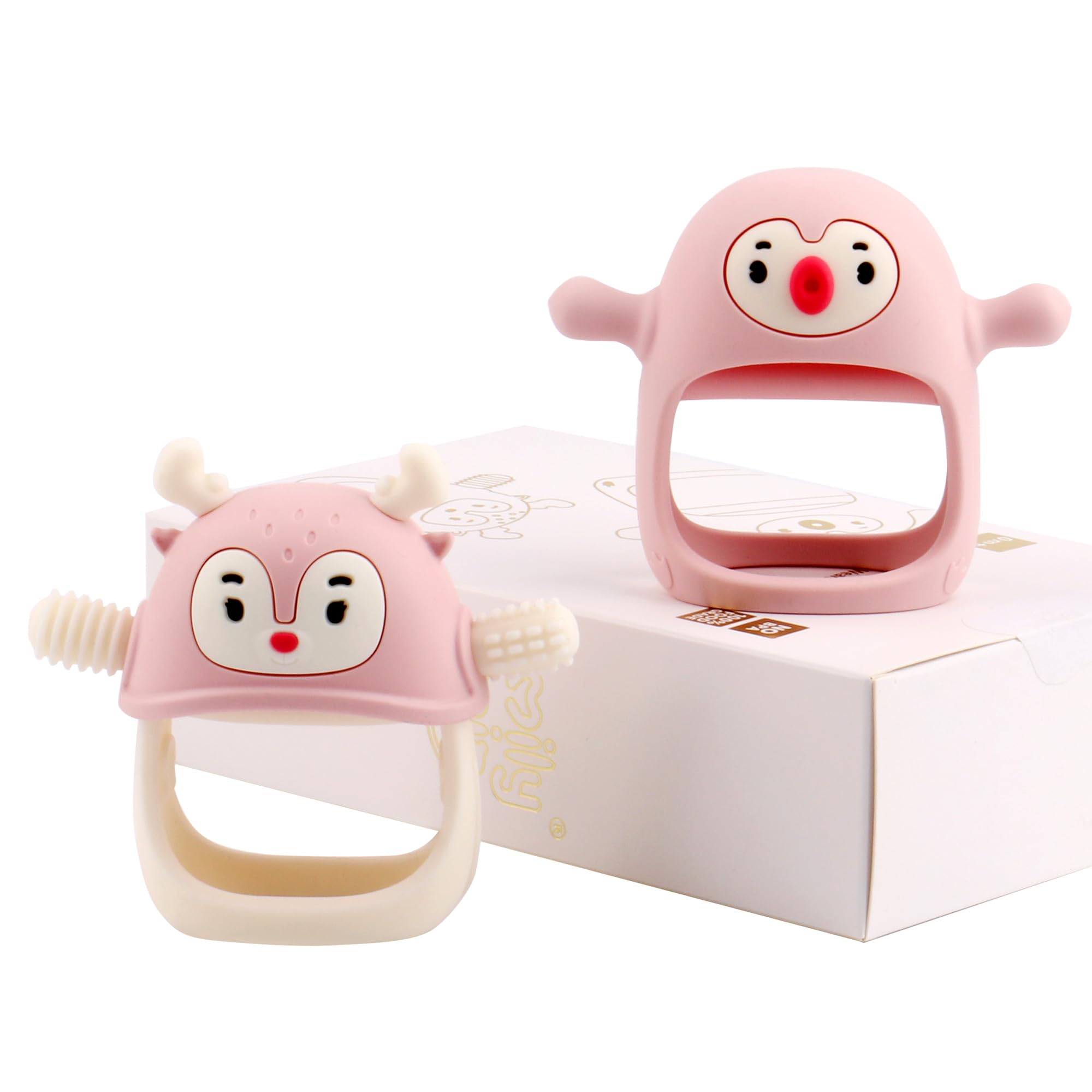 Smily Mia penguin teether wearable on wrist supports self-soothing and hand exploration.