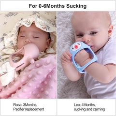 Smily Mia reindeer mitten chew demonstrates easy reach for chewing while baby's hand stays free.