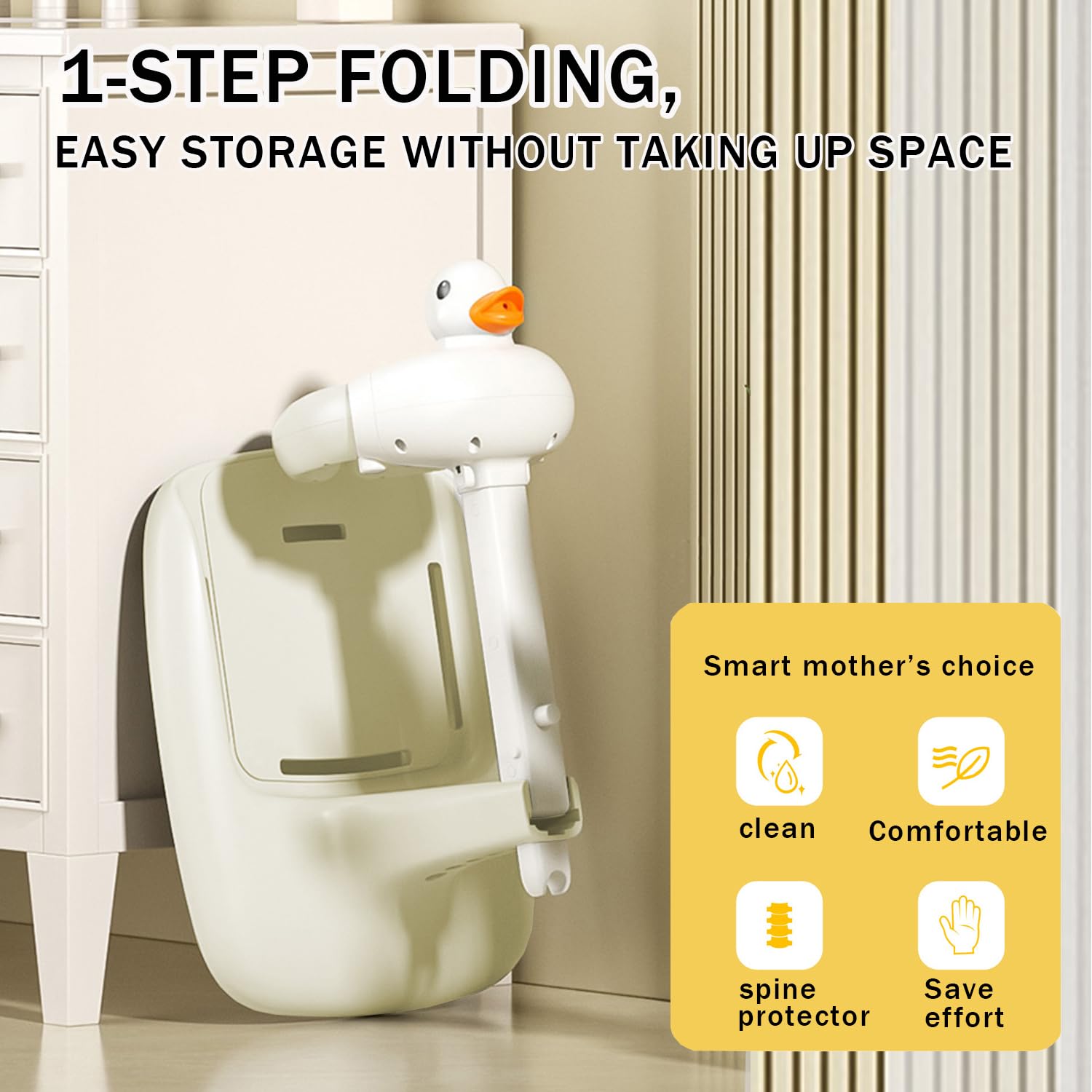 SMLXLXX cartoon-duck-design-stand adds engaging detail during bathtime.