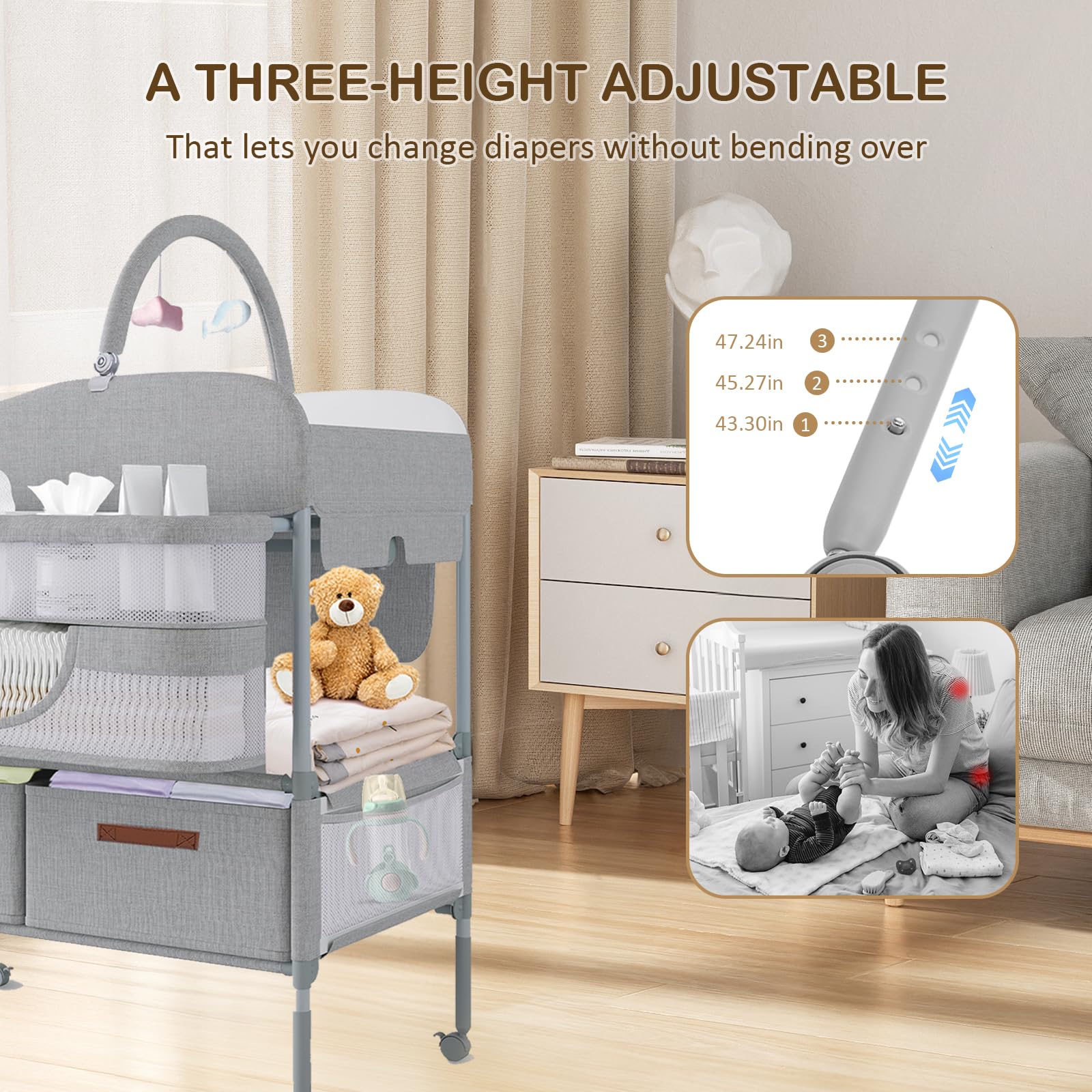 SMLXLXX silent wheels with locking function minimize disruption during diaper changes