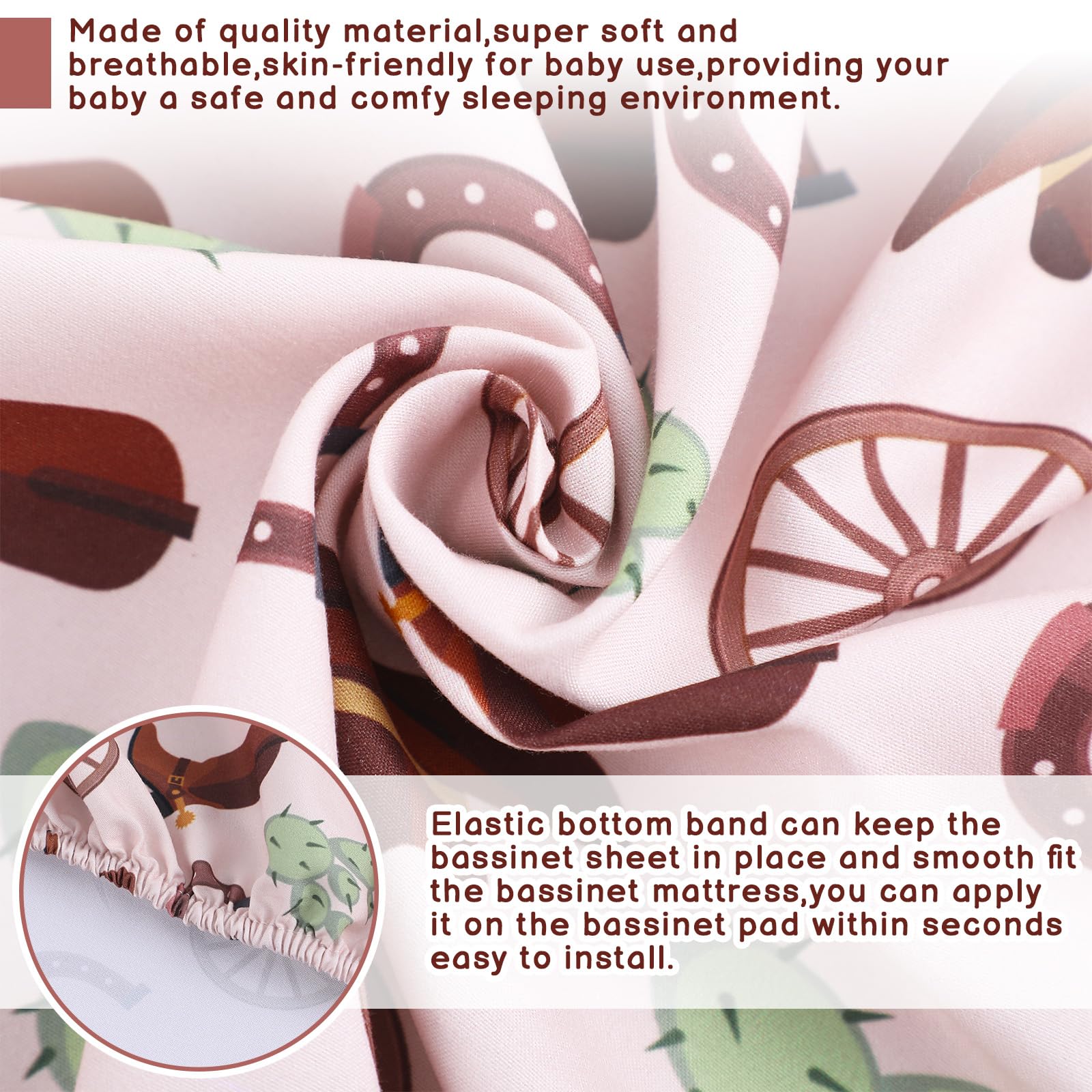 SmoothNovelty 32x16x3 inch bassinet sheet with elastic bottom for snug fit.