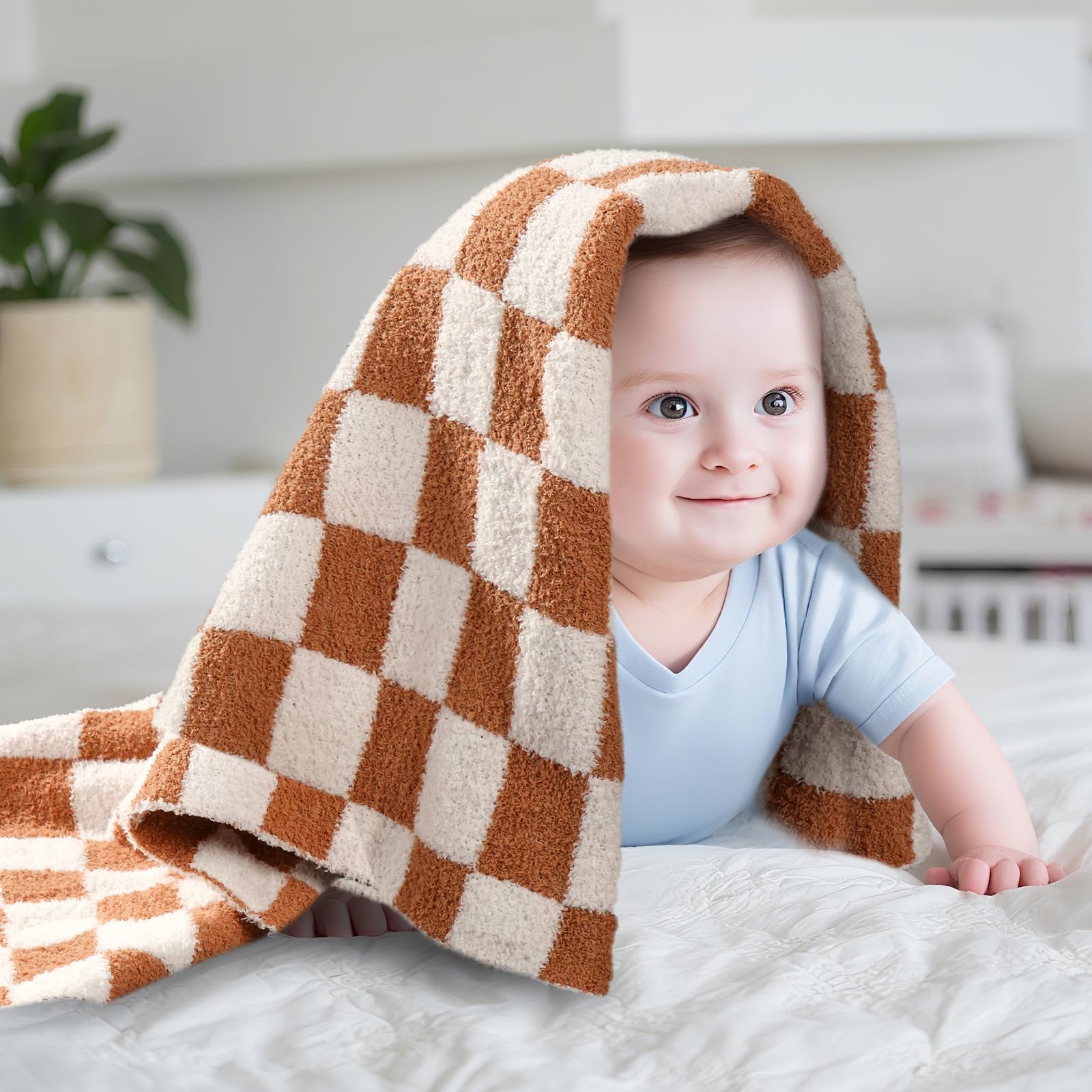 SmoothNovelty brown checkered blanket in living room enhances decor with warmth