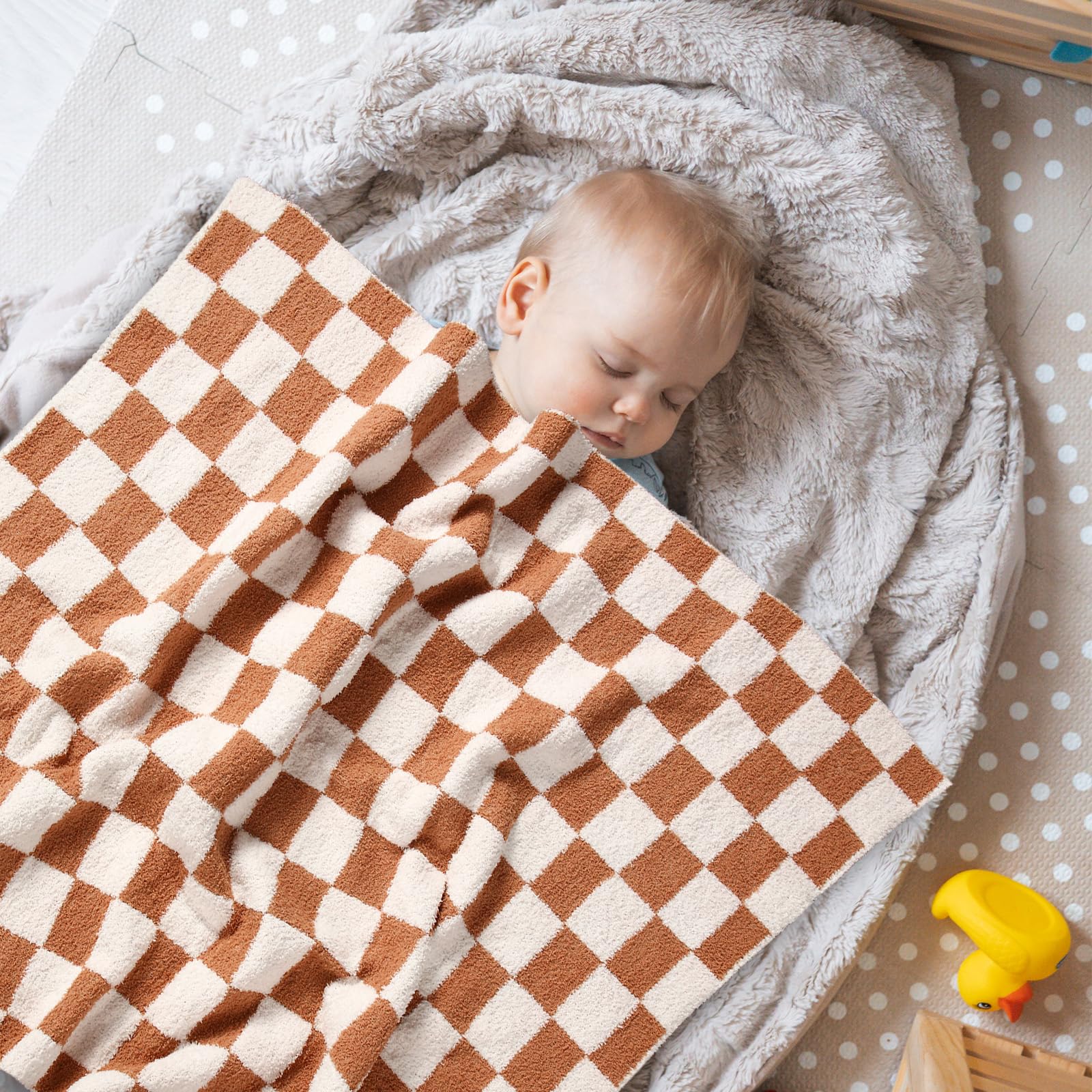 SmoothNovelty brown checkered blanket care shot shows machine wash cold for easy maintenance