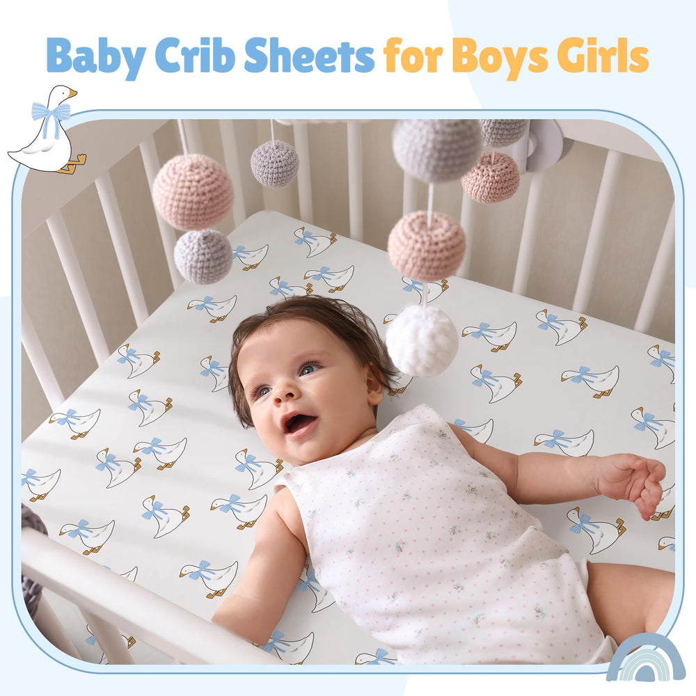 SmoothNovelty goose-print vibrant crib sheet adds cheerful design for bedtime routine.