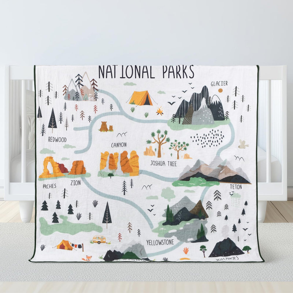 SmoothNovelty national parks swaddle close-up, emphasizes softness and quick-dry fabric.