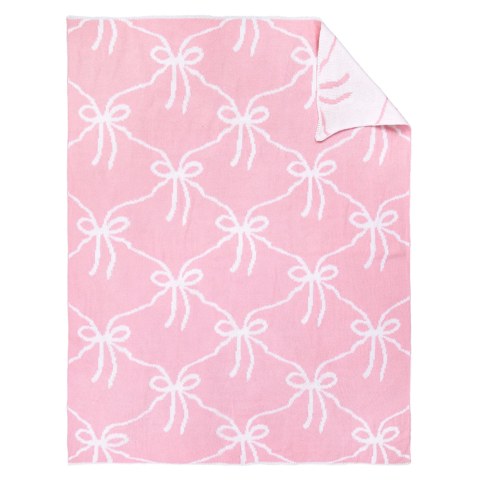 SmoothNovelty Pink Bow Knit Swaddle Blanket front view, cozy cotton comfort for year-round use