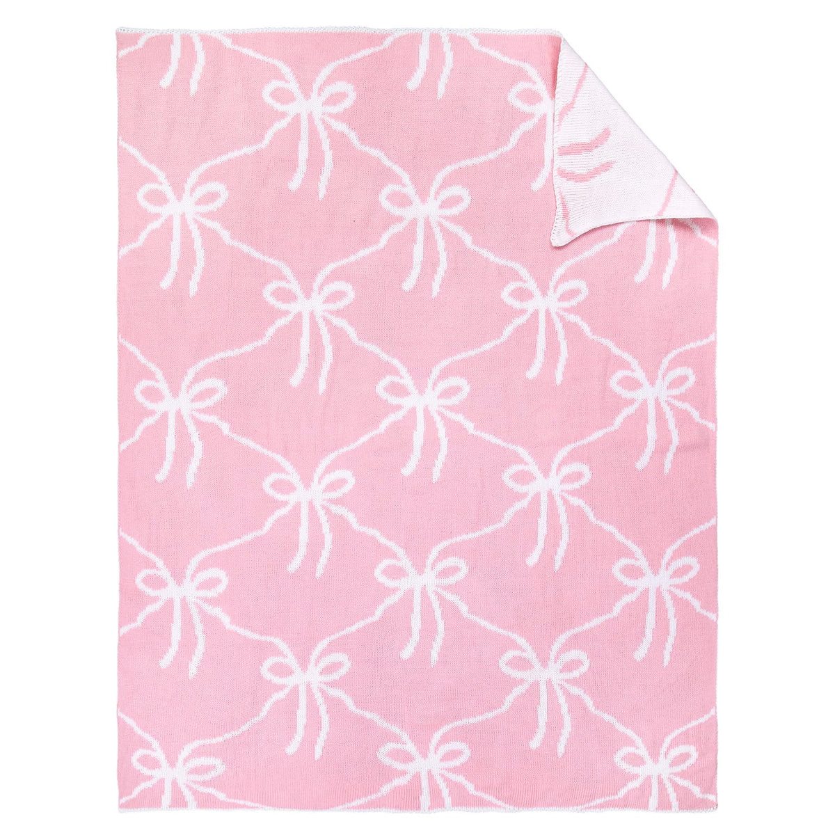 SmoothNovelty Pink Bow Knit Swaddle Blanket front view, cozy cotton comfort for year-round use