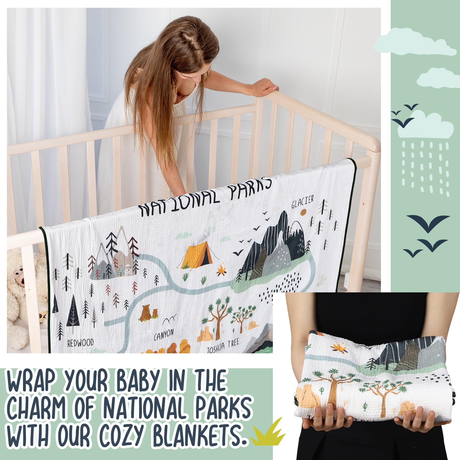SmoothNovelty redwood motif blanket close-up, soft cotton muslin breathable for delicate skin.