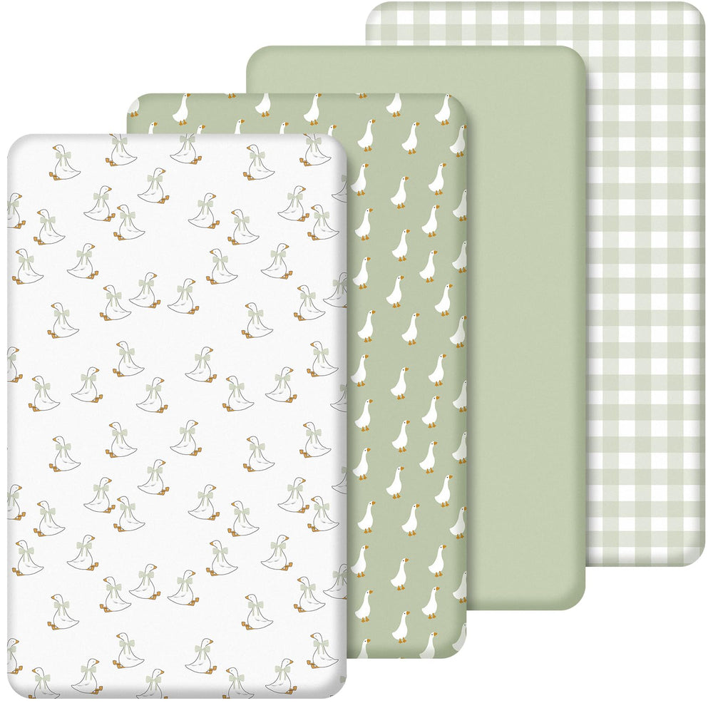 SmoothNovelty Silly Goose crib sheet 4-pack for standard cribs promoting cozy, wrinkle-free sleep.