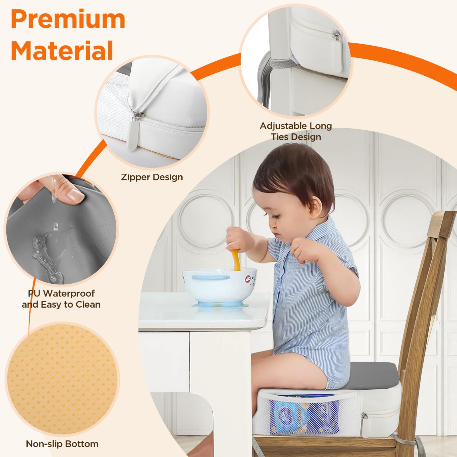 SMZCTYI booster seat side pocket stores wipes, snacks, and small toys.