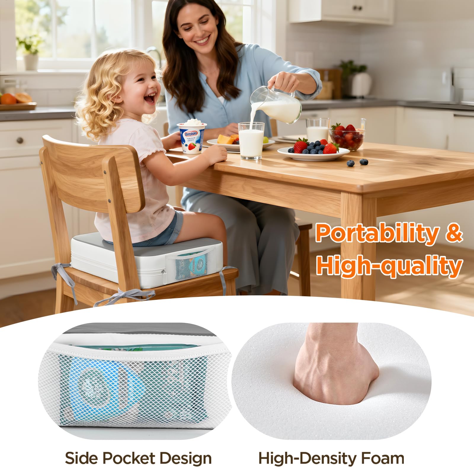 SMZCTYI booster seat straps wrap securely around legs for stable mealtimes.