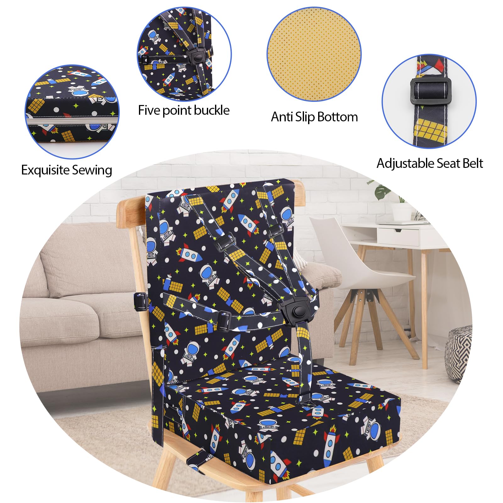 SMZCTYI booster seat adjustable belts fit most chairs for stability.