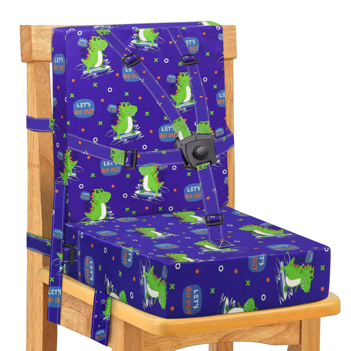 SMZCTYI toddler booster seat blue with backrest on chair for elevated family dining.