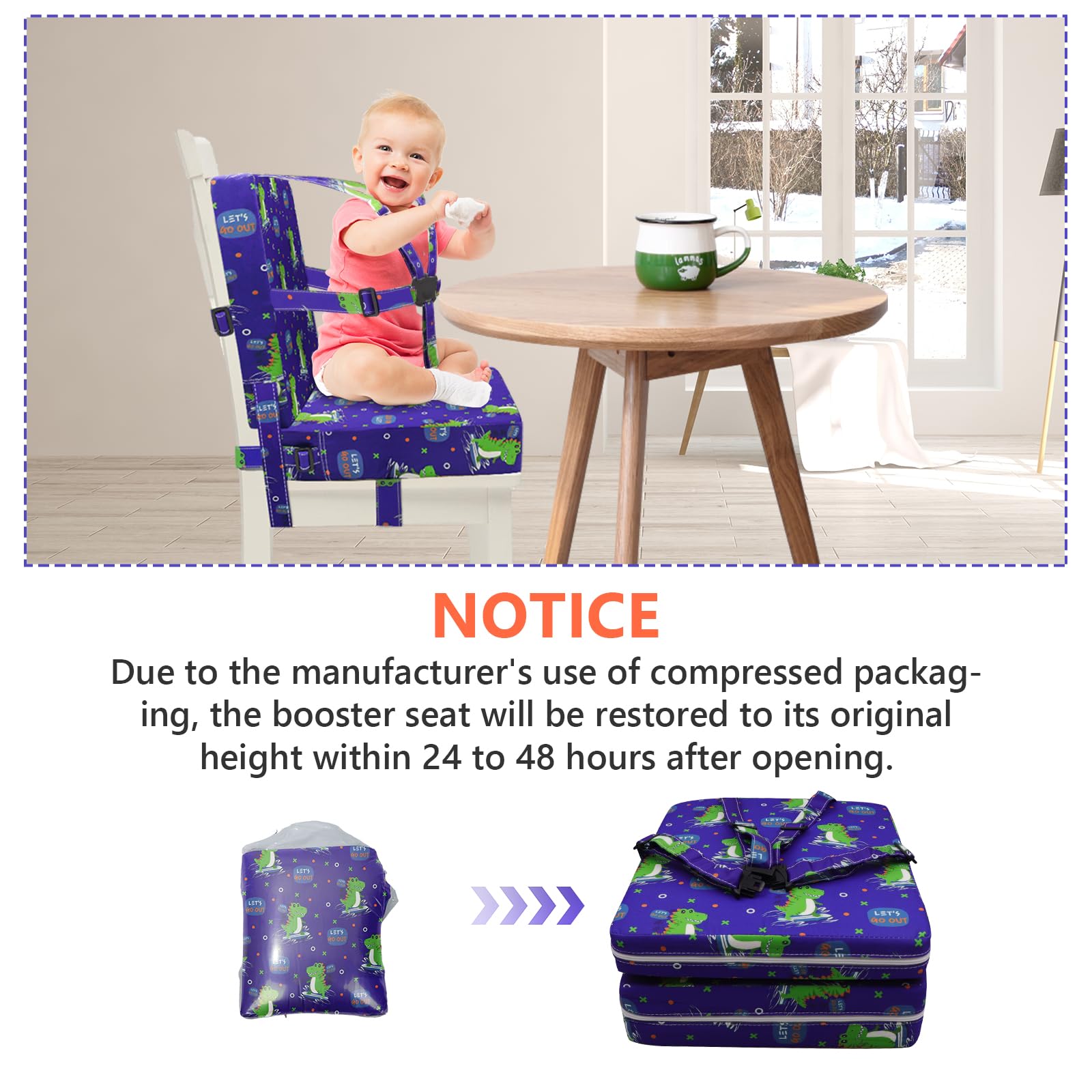 SMZCTYI booster seat blue in dining setup ideal for home or travel dining.