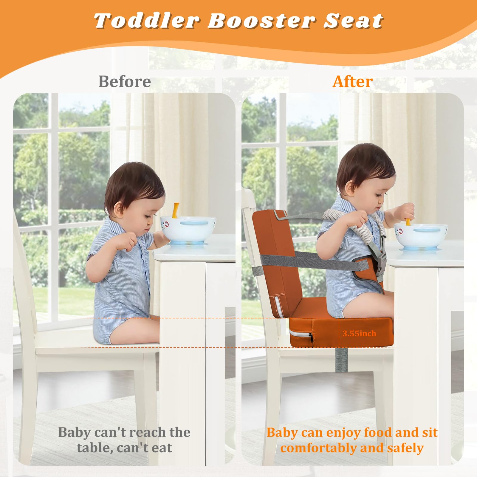 SMZCTYL booster seat with adjustable straps secures to chairs for safer dining.