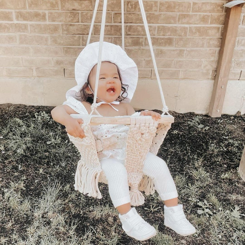 SN HANDICRAFTS macrame swing natural rope, highlighting organic materials and gentle comfort for babies.