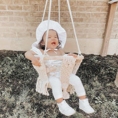 SN HANDICRAFTS macrame swing natural rope, highlighting organic materials and gentle comfort for babies.