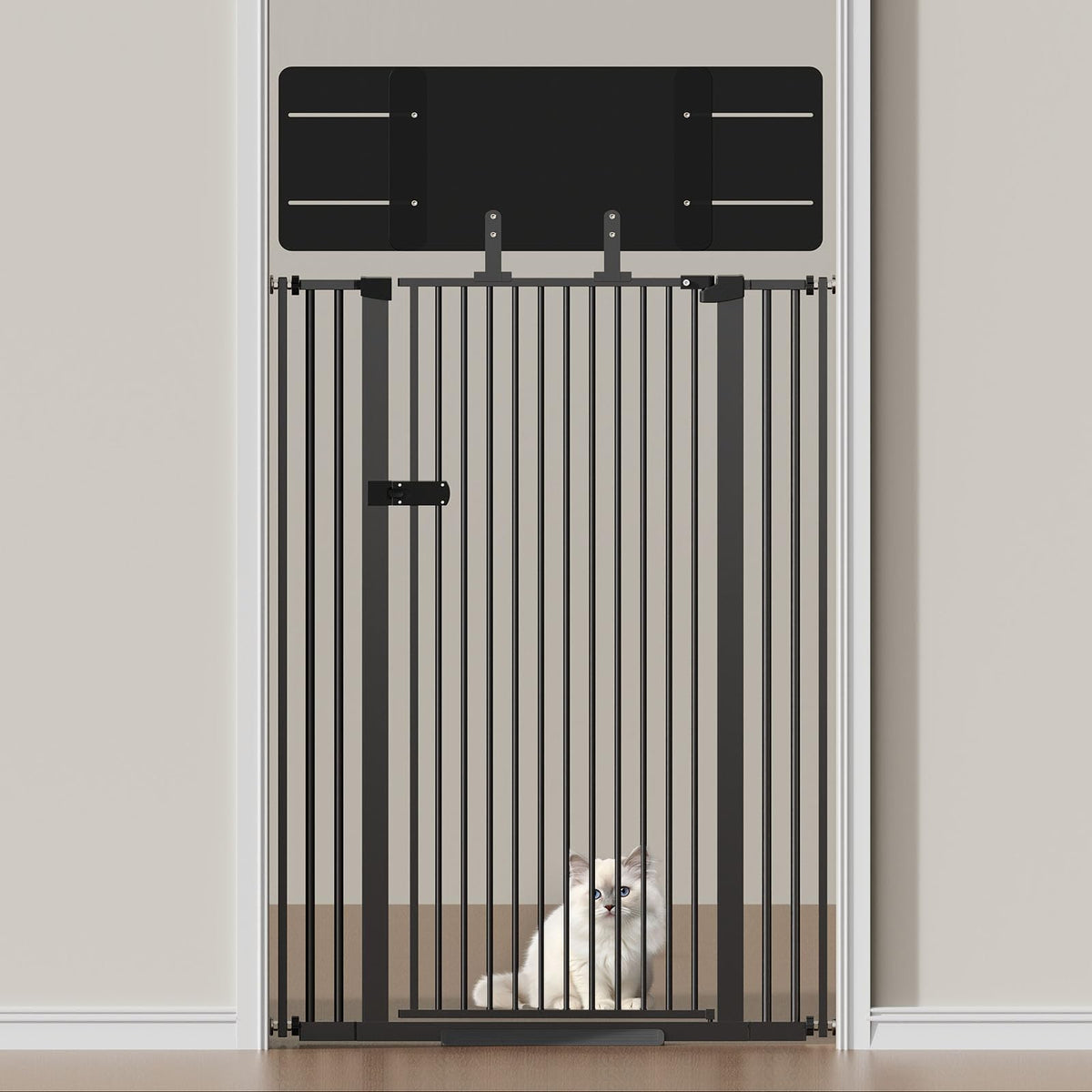 Snagle Paw extra tall cat gate with acrylic top panel closed, a sturdy doorway barrier