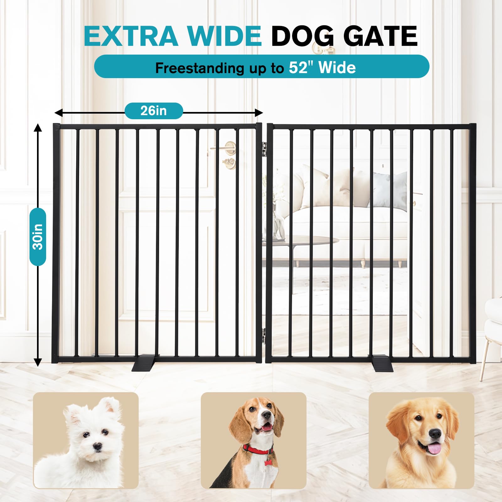 Snagle Paw free-standing dog fence with door demonstrates easy placement and versatile room-to-room use.