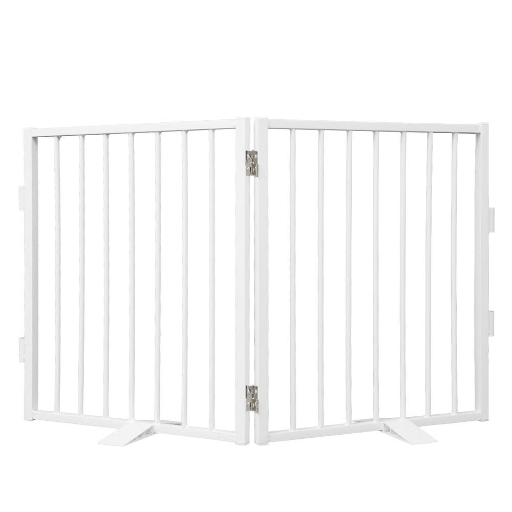 Snagle Paw full metal dog gate in white blocks doorways for pet containment.