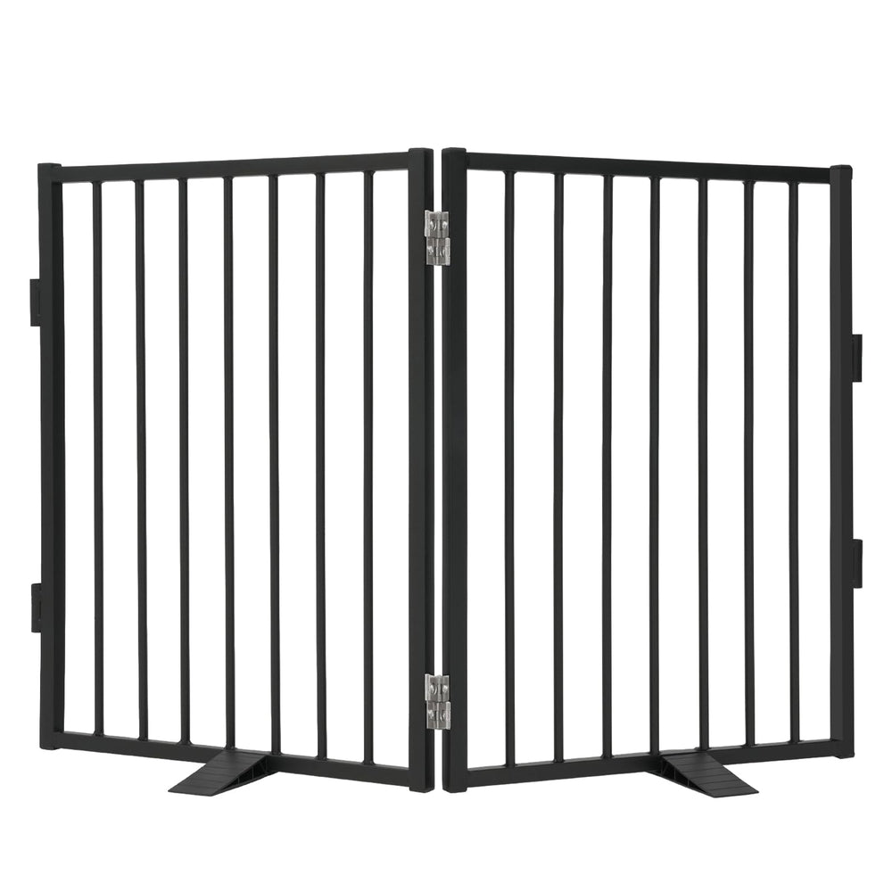 Snagle Paw full metal freestanding dog gate—assembled for sturdy, chew-resistant home containment.