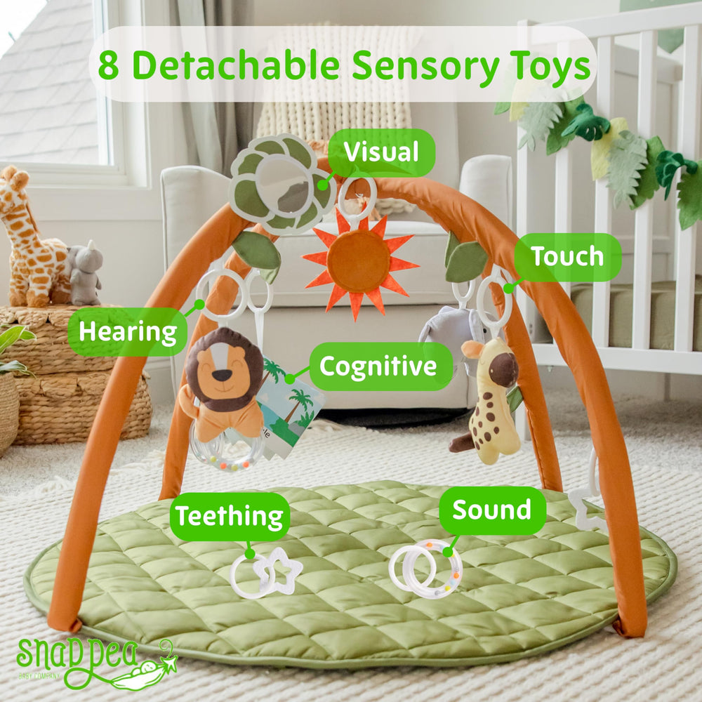 SnapPea Baby Activity Mat toys highlighting eight detachable toys for sensory exploration.