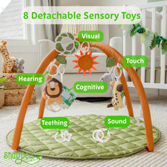 SnapPea Baby Activity Mat toys highlighting eight detachable toys for sensory exploration.